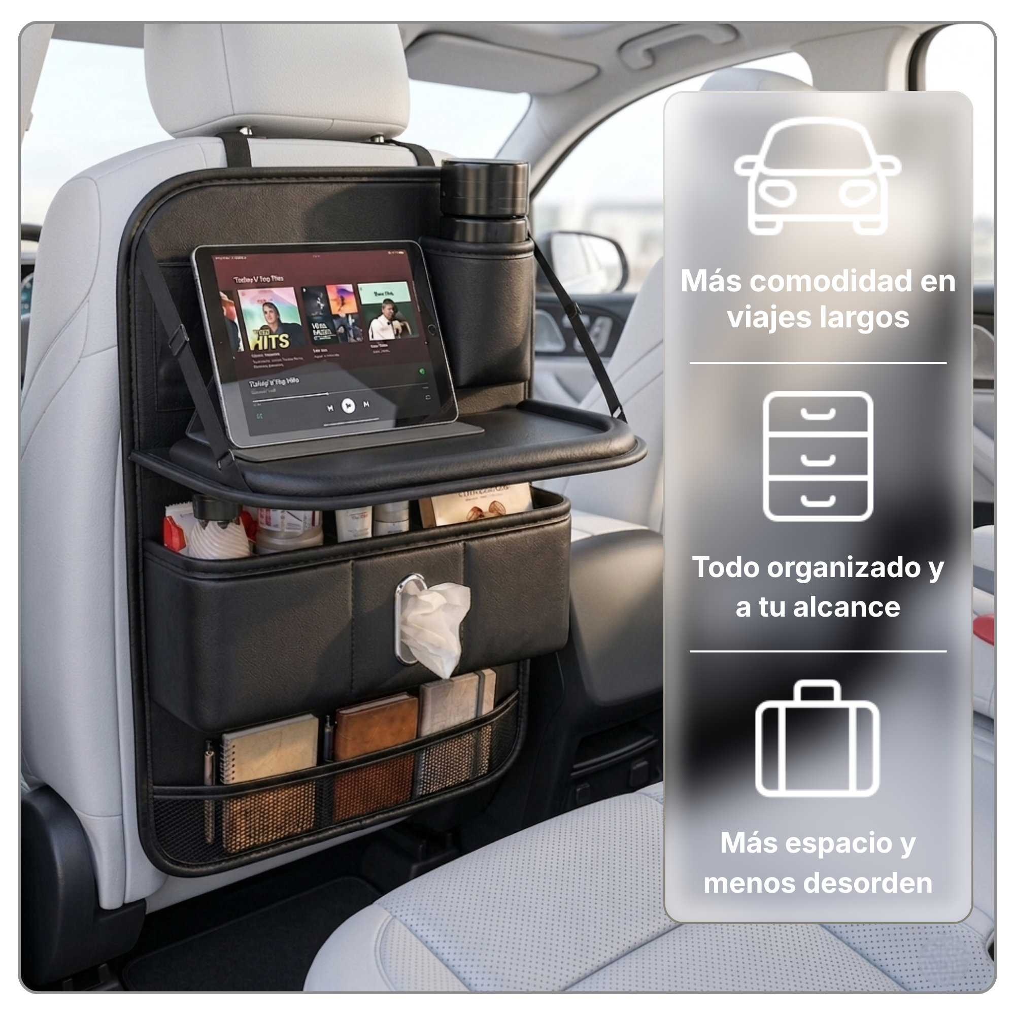 Organizador de coche con mesita plegable