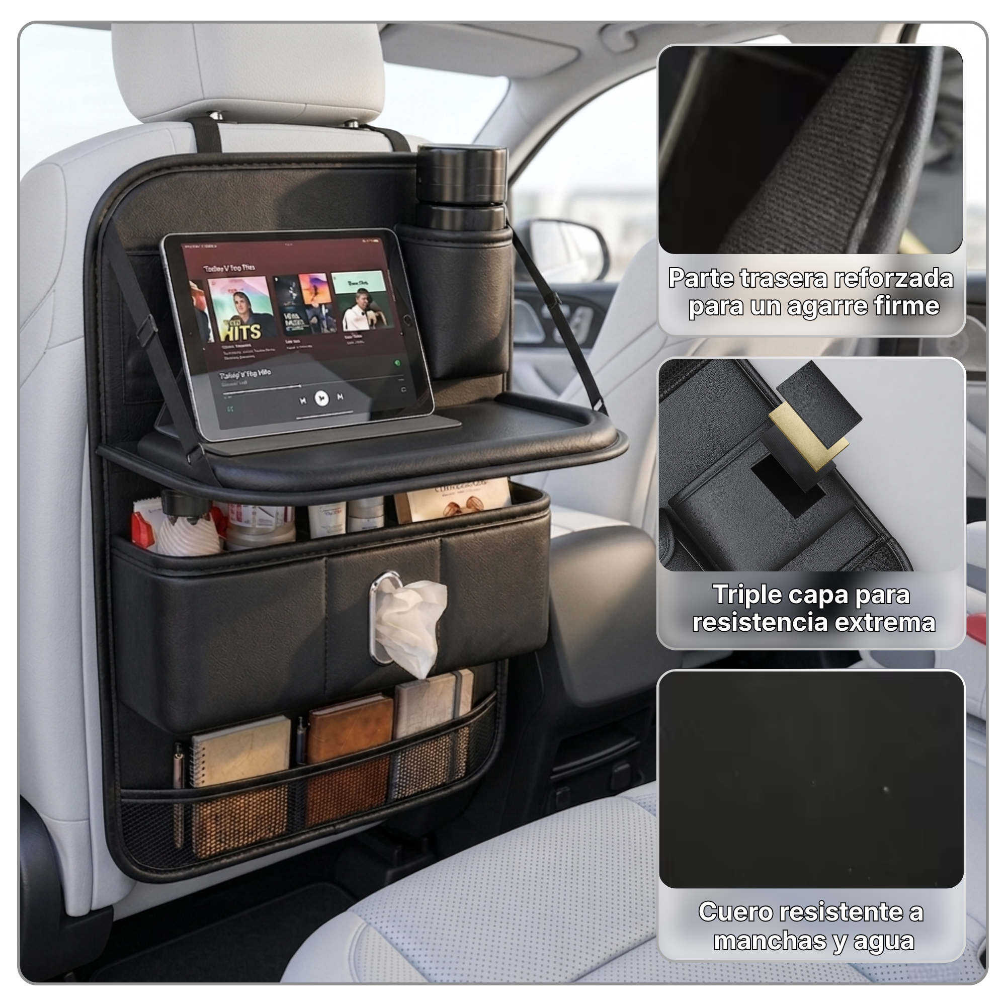 Organizador de coche con mesita plegable