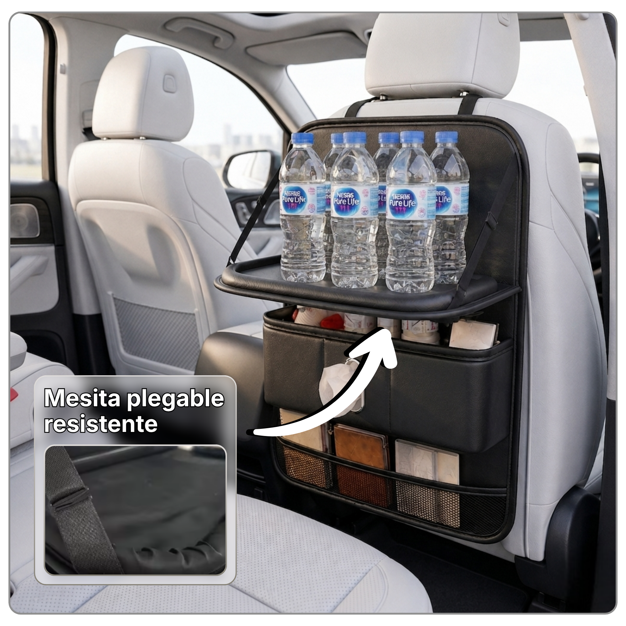 Organizador de coche con mesita plegable